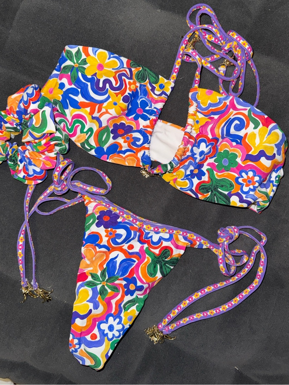 Purple Multicolor Floral Tie-String Bikini Set